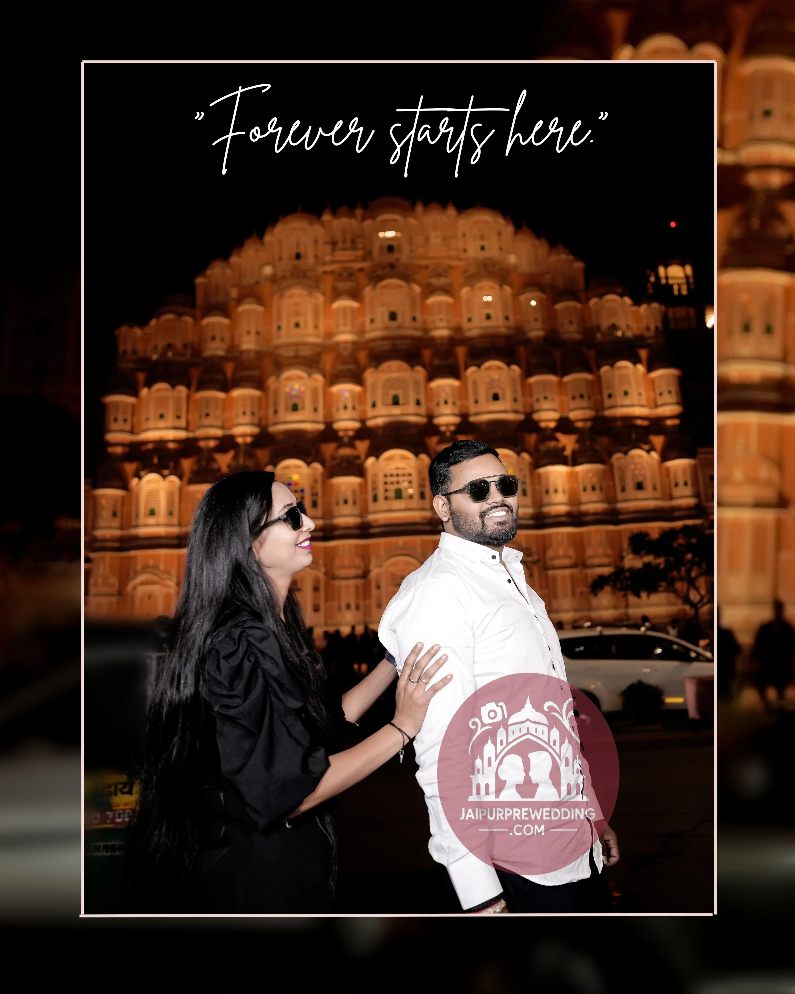 Pre-wedding shoot at Hawa Mahal Jaipur couple posing at night