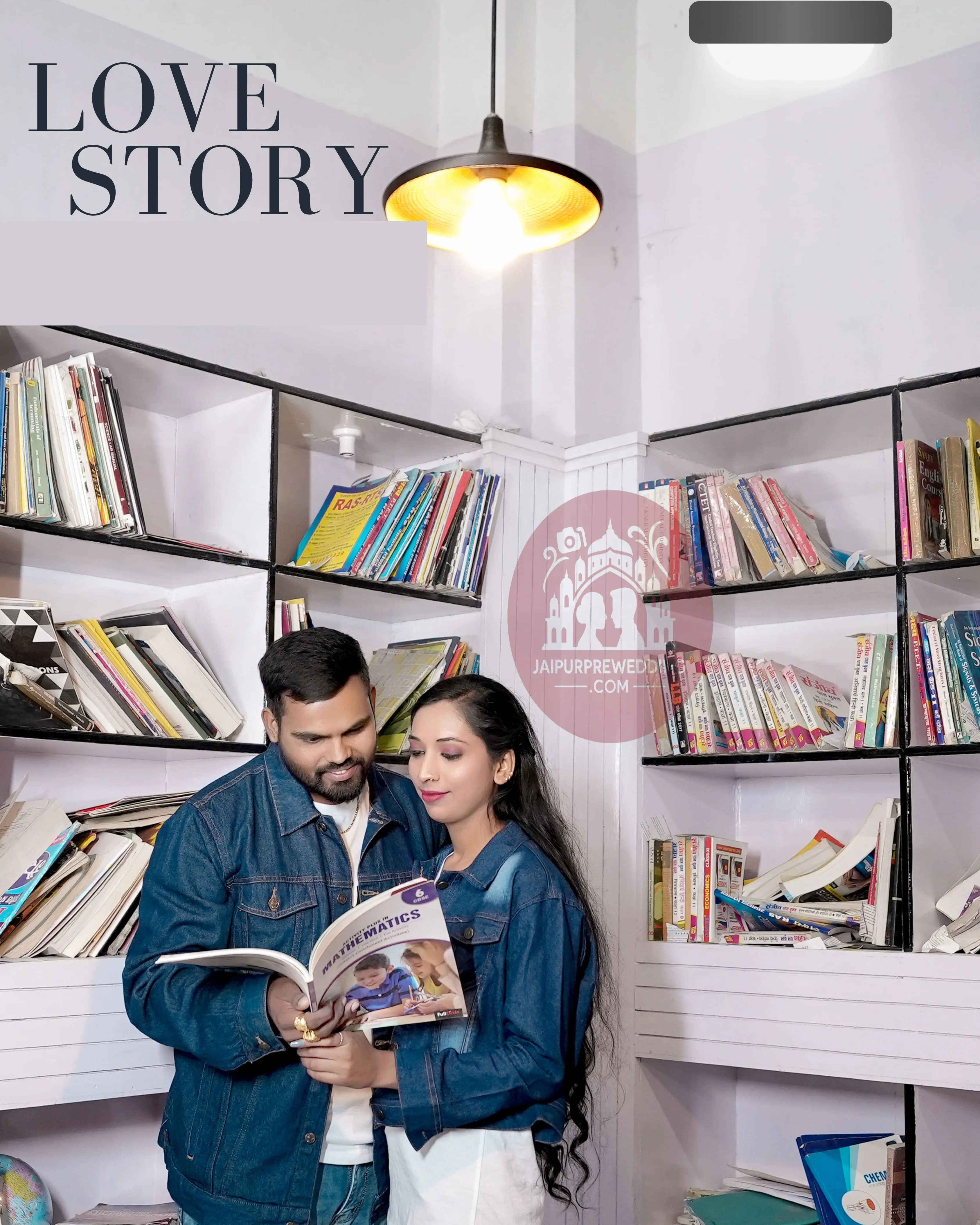 Library theme pre-wedding photoshoot Jaipur couple reading book
